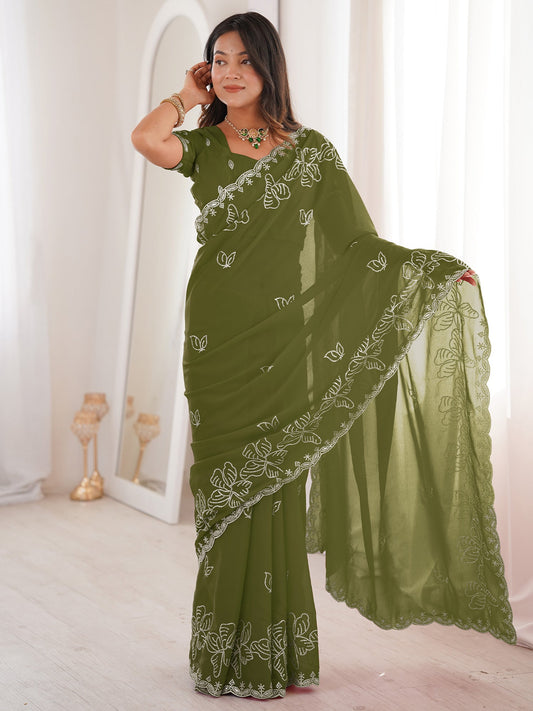 Olive Green Georgette Embroidered Saree - Ressa