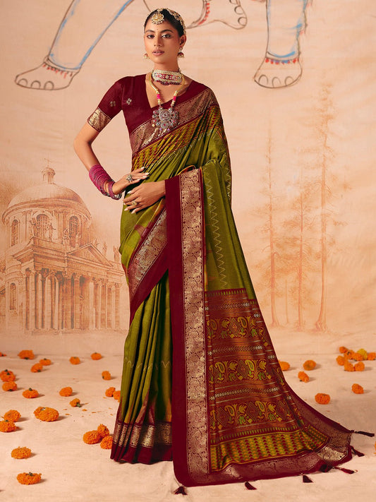 Olive Green & Maroon Banarasi Silk Saree - Ressa