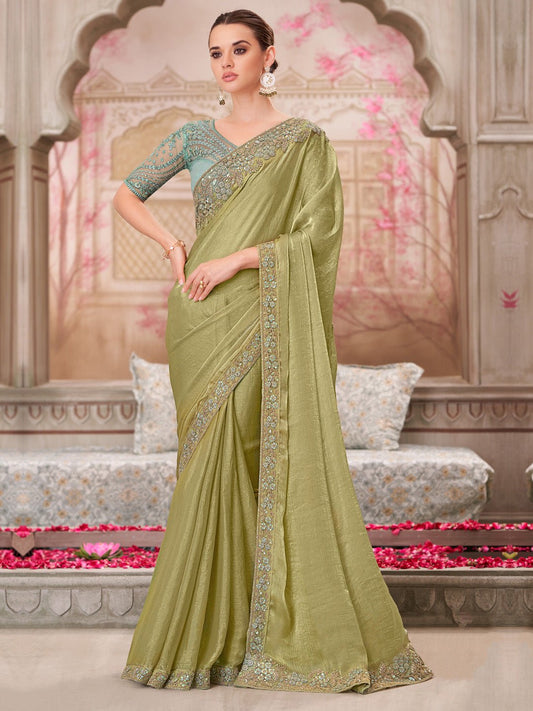 Olive Green Shimmer Georgette Embroidered Scalloped Border Blouse Saree - Ressa