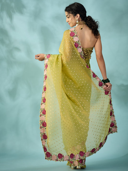 Olive Green Tissue Silk Saree with Zari Stripes - Ressa