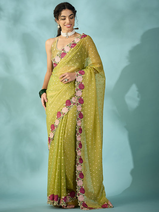 Olive Green Tissue Silk Saree with Zari Stripes - Ressa