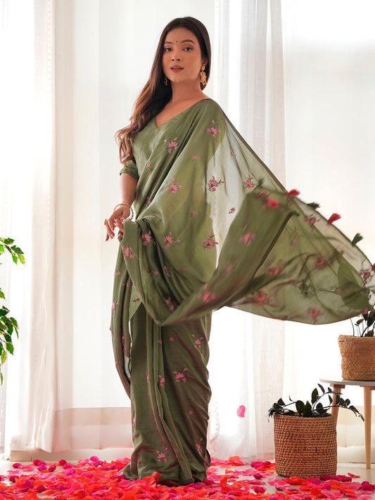 Olive Green Vichitra Silk Saree - Ressa