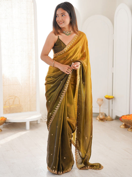 Olive & Mustard Gold Ombre Pattern Saree - Ressa