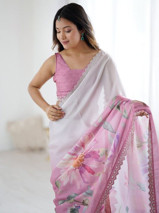 Ombre Floral Digital Print Georgette Saree - Ressa