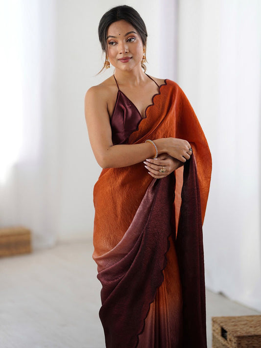 Ombre Organza Saree with Scallop Blouse | Rust to Wine - Ressa