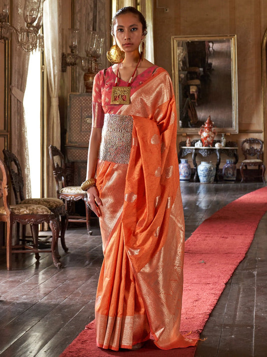 Orange Banarasi Silk Blend Saree - Ressa