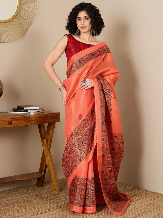 Orange Tussar Silk Madhubani Print Saree - Ressa