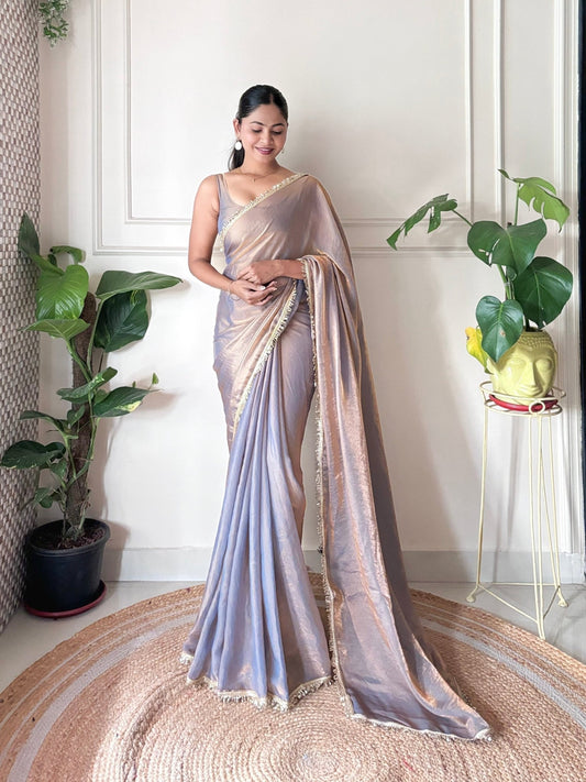 Organza Saree in Lavender Grey with Gold Lace Border - Ressa