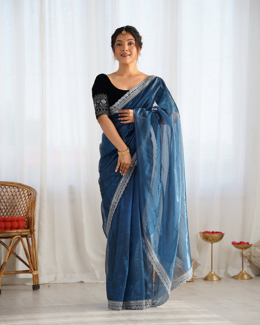 Organza Saree with Embroidered Velvet Blouse - Ressa