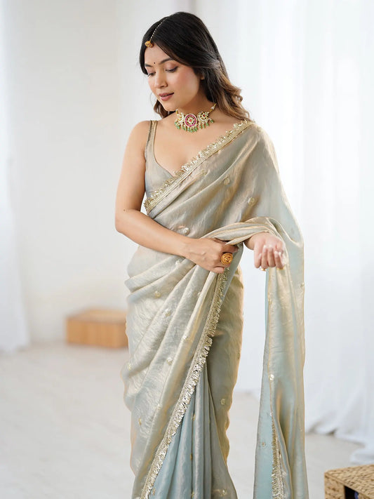 Pastel Sea Green Satin Tissue Zari Butti Saree