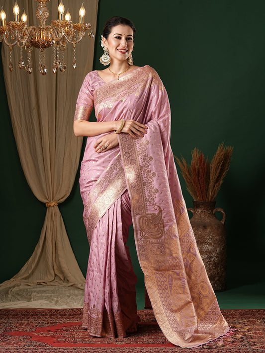 Peach Banarasi Silk Zari Woven Saree - Ressa