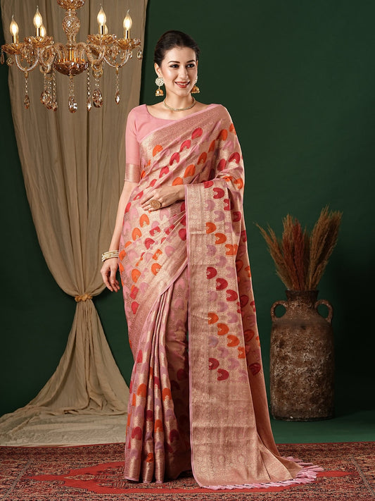 Peach Floral Georgette Saree with Jari Border - Ressa
