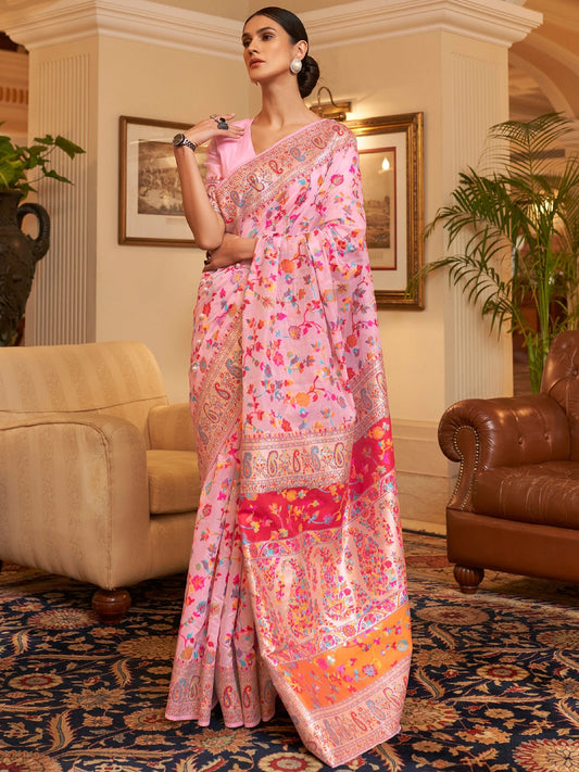 Peach Kashmiri Silk Saree with Flower Motif - Ressa