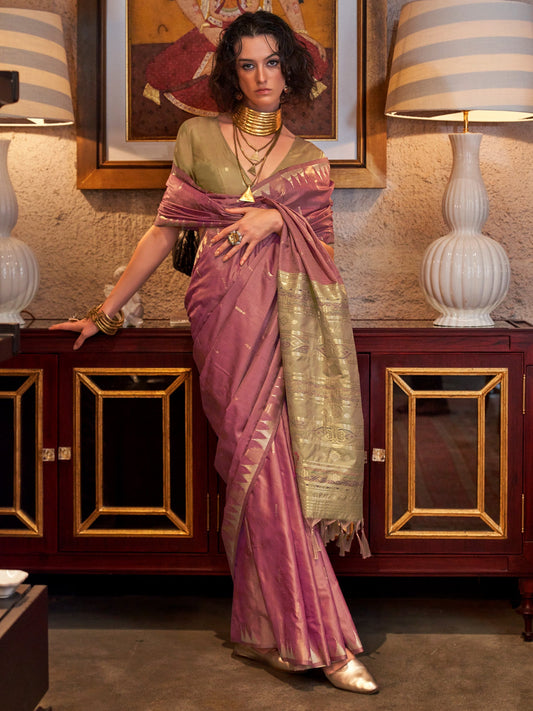 Peach Silk Blend Weaving Contrast Border Saree - Ressa
