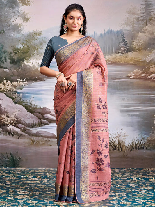 Peach Tissue Silk Saree with Floral Motifs - Ressa