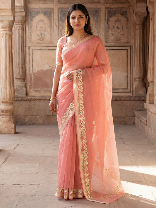 Peach Tissue Silk, Silk Blend Saree - Ressa