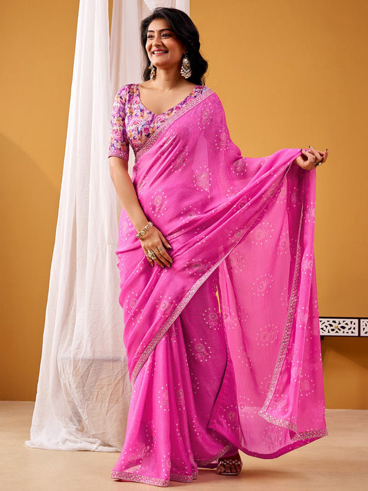 Pink Bandhani Georgette Saree - Ressa