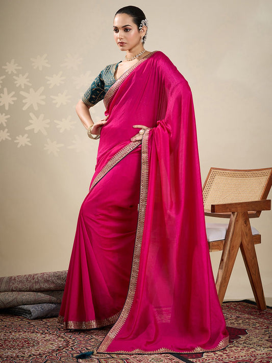 Pink Chiffon Embroidered Border Saree - Ressa