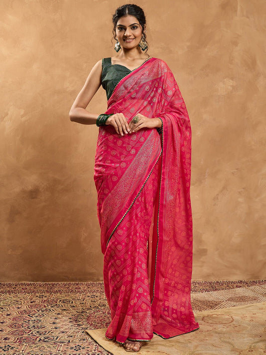 Pink Chiffon Foil Print Saree - Ressa