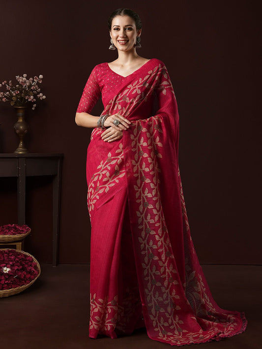 Pink Cotton Slub Floral Printed Saree - Ressa