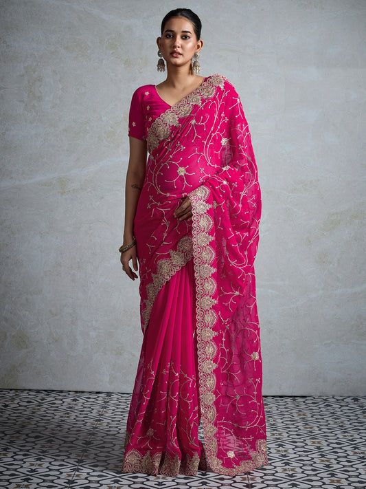Pink Embroidered Gerogette Saree - Ressa