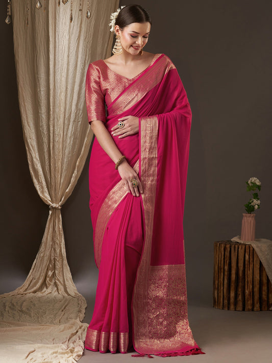 Pink Floral Georgette Saree with Jari Border - Ressa