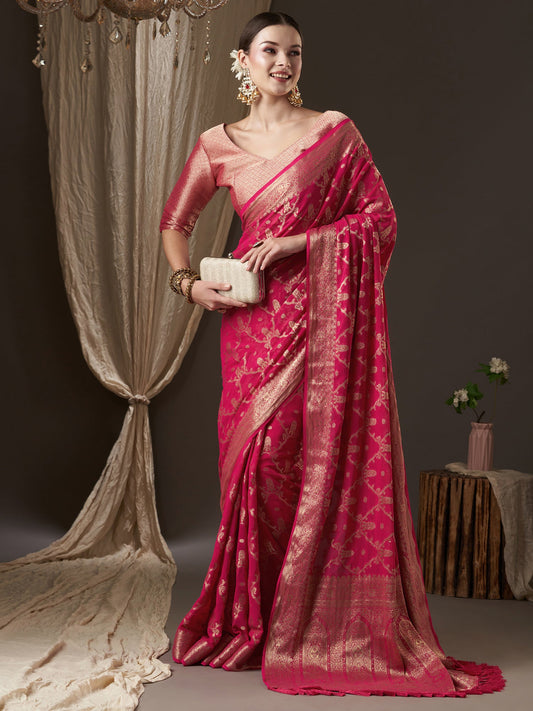 Pink Floral Georgette Saree with Jari Border - Ressa