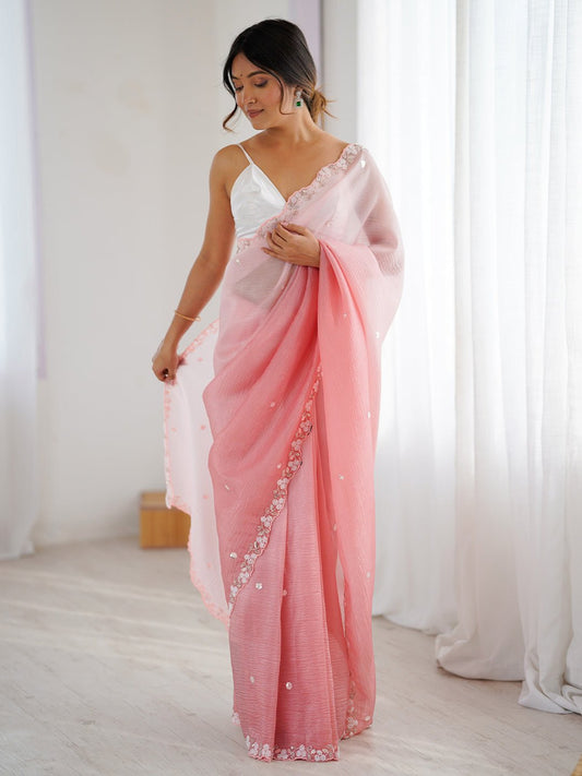 Pink Ombre Chiffon Embroidered Border Saree - Ressa