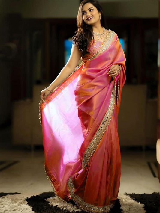 Pink-Orange Dual Tone Silk Saree with Mirror Work Border - Ressa
