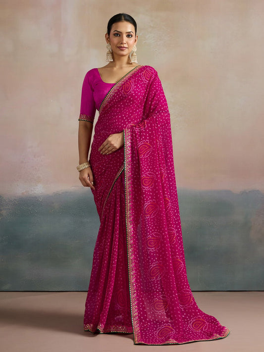Pink Paisley Motif Bandhani Georgette Saree - Ressa
