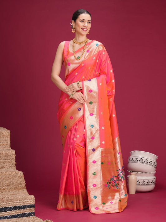 Pink Paithani Silk Saree with Meenakari Buti & Floral Pallu - Ressa