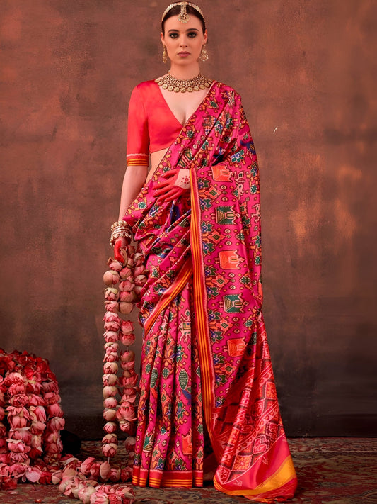 Pink Patola Silk Saree with Traditional Motifs - Ressa