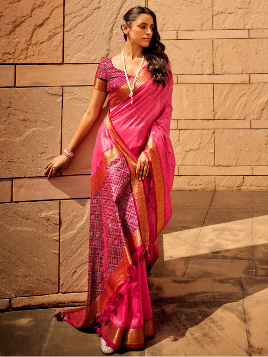 Pink & Purple Silk Blend Patola Style Zari Woven saree - Ressa
