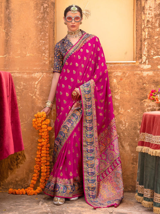 Pink & Royal Blue Silk Blend Heritage Banarasi Style Saree - Ressa