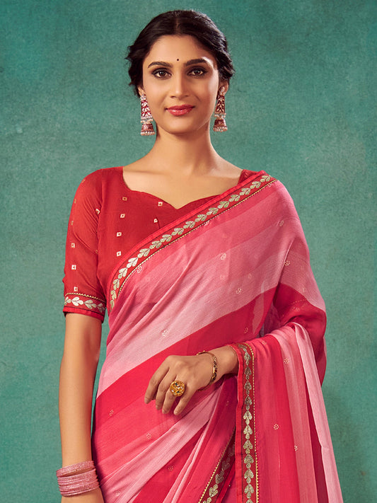 Pink Shades Silk Blend Horizontal Striped Print Saree - Ressa