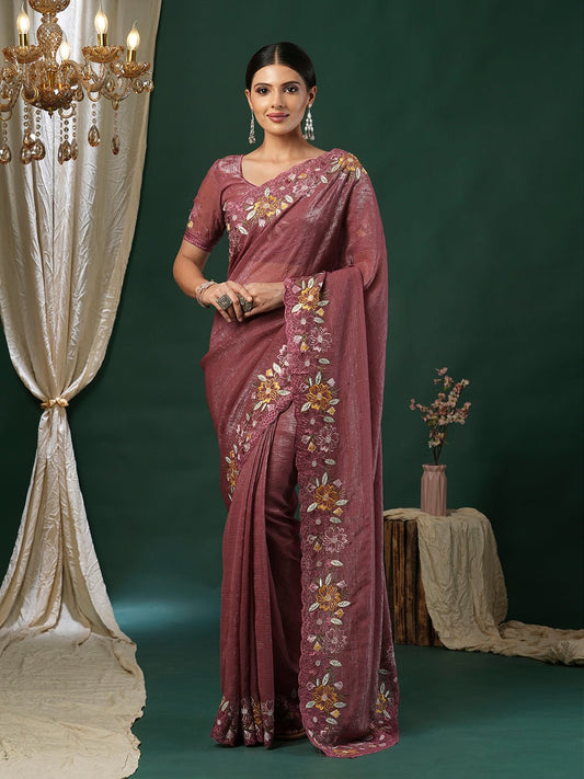 Pink Tissue Embroidery Floral Border Saree - Ressa
