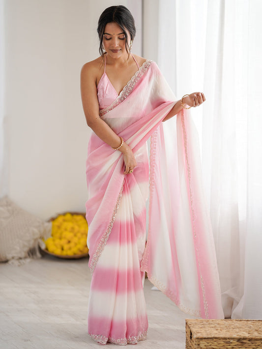 Pink & White Polyester Ombre Leheriya Saree - Ressa