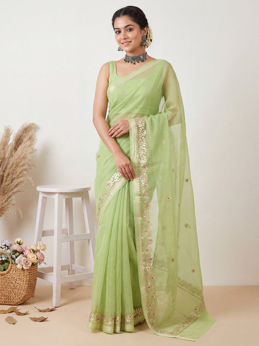 Pista Green Kota Doria Cotton Saree with Gota Patti Border - Ressa
