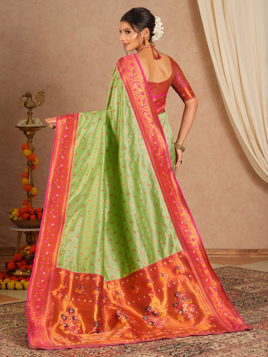 Pista Green Paithani Silk Saree with Pink Meenakari Border - Ressa