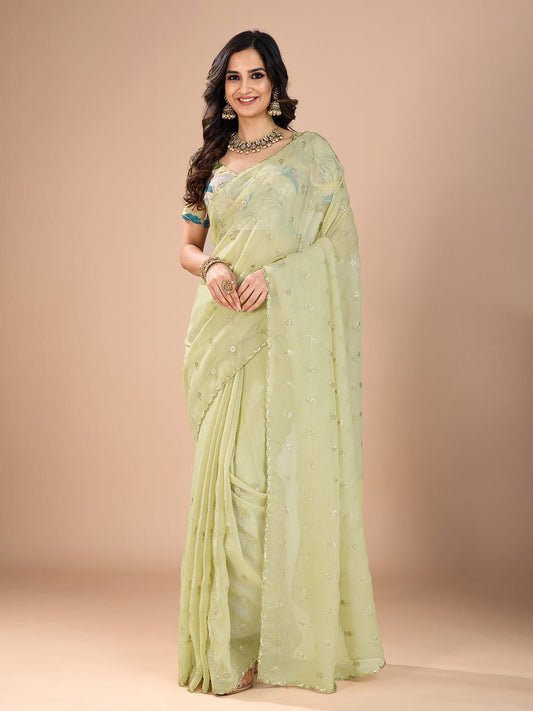 Pista Green Tissue Sequin Embroidered Saree - Ressa