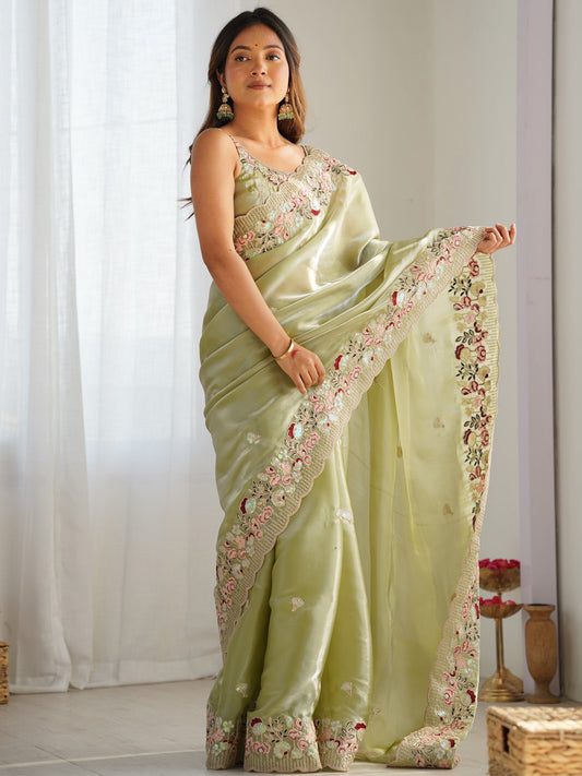 Pista Green Tissue Silk Embroidery Scalloped Saree - Ressa