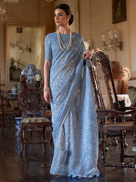Powder Blue Silk Blend Floral Print saree - Ressa