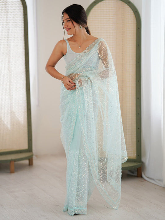 Powder Blue Silk Blend Sequin Embroidered Scalloped Border Saree - Ressa