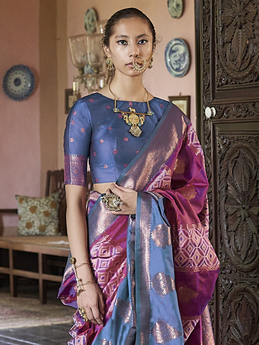 Purple & Blue Silk Blend Kanjeevaram Style Saree - Ressa