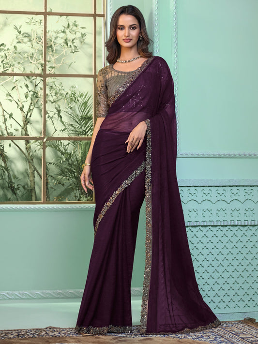 Purple Chiffon Saree with Embroidered Blouse - Ressa