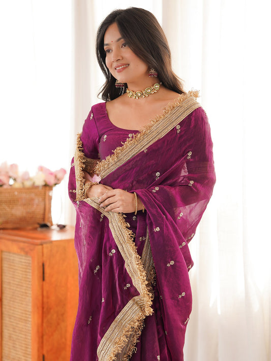 Purple Embroidered Organza Saree with Heavy Zari Border - Ressa
