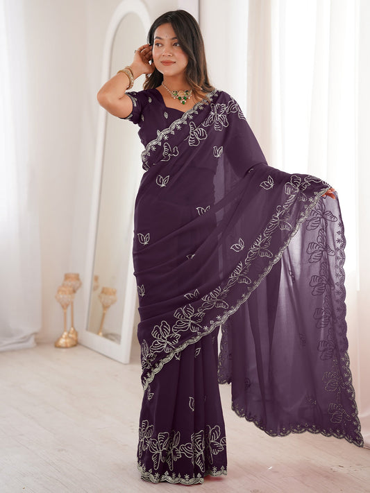 Purple Georgette Embroidered Saree - Ressa