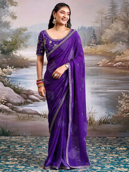 Purple Georgette Saree with Embroidered Border - Ressa