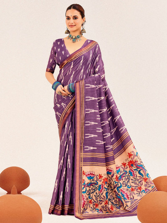 Purple Ikat Silk Saree with Kalamkari Pallu - Ressa