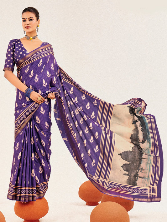 Purple Ikat Silk Saree with Taj Mahal Pallu - Ressa
